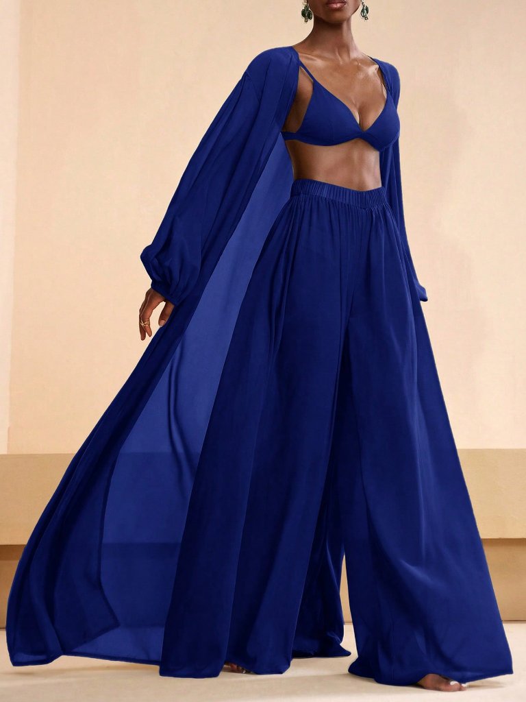 Blue Elegant Women's Shirt & Wide Leg Pants Coverup Set